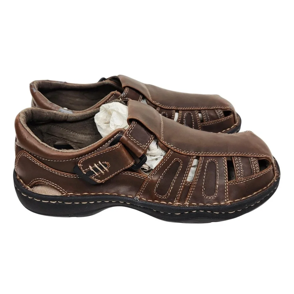 GBX Boardwalk Sandals Mens 12W Brown Fisherman Hook Loop Slip On Leather Lining